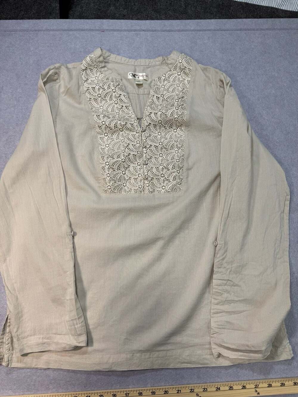 Krazy Kat Tan Cotton Long Sleeve Lace V-Neck Pullover Blouse Shirt